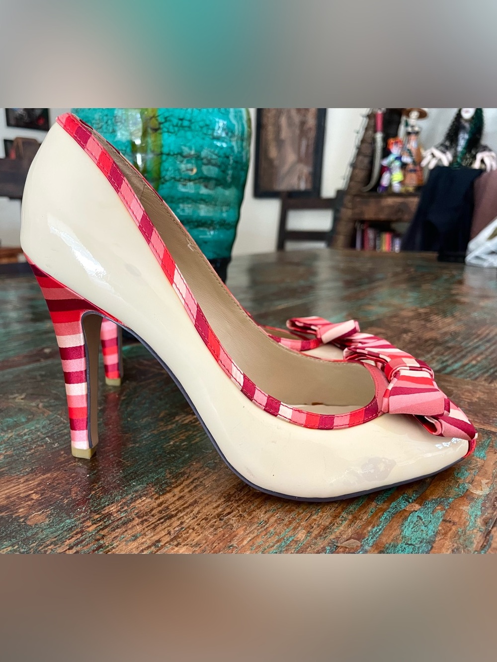 Shoes of Prey Red & Cream Striped Bow 4” Stiletto Heels 6.5
